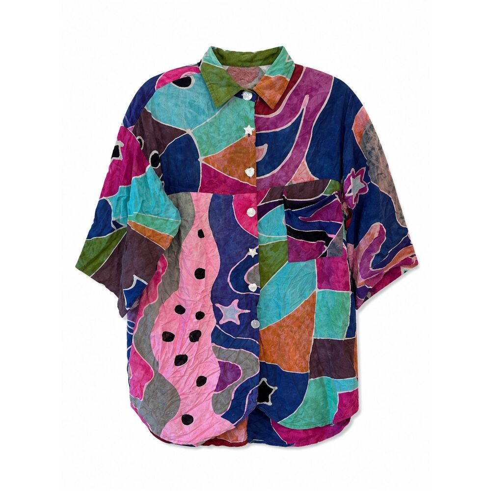 Vintage Tropical Tantrum Hawaii Abstract Rayon Tunic Button-Up – One Size